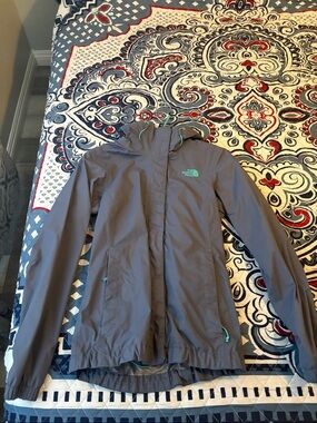 The North Face boys Gray Hooded Shell Jacket with Teal Accents